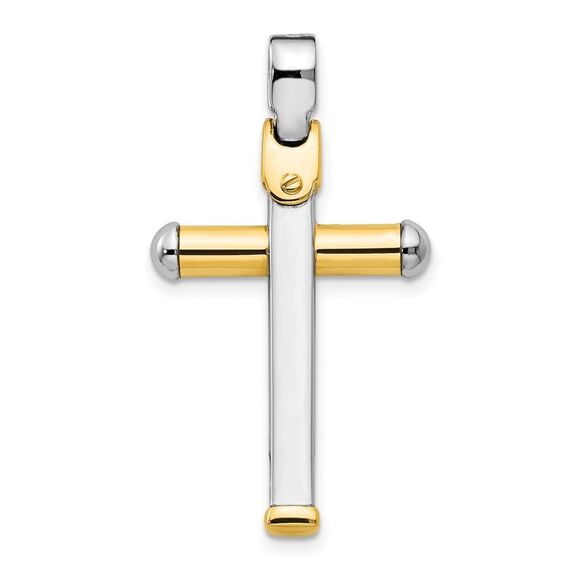 14k Two Tone Gold, Polished Tube Cross Pendant, 18 x 32mm - Picture 1 of 5